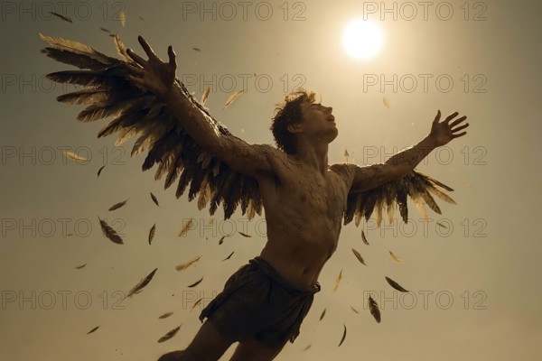 Icarus, also Icaros, flies towards the sun with wings made of wax, the wings melt, Icarus crashes,