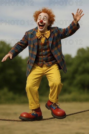 A clown with a clown nose, big shoes and costume balances on a rope, symbolic picture acrobatics,