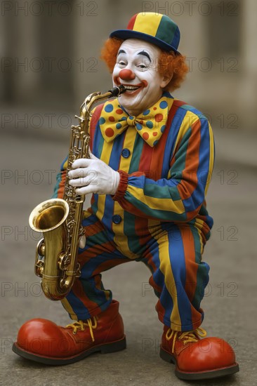 A clown with clown nose, big shoes and costume plays saxophone, symbolic picture acrobatics,