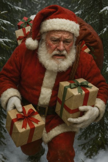 Santa Claus drags a bag full of presents sweating through the snowy forest, symbol Christmas, gift
