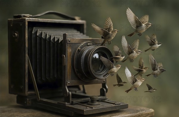 A flock of birds flies out of a camera lens, symbolic image photo, photograph, plate camera, snap,
