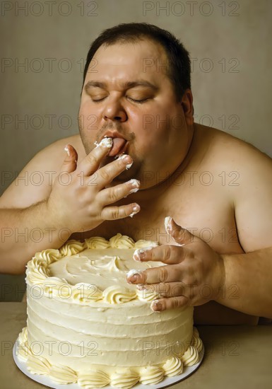 A very fat obese man sits in front of a buttercream cake and licks his fingers off with butter