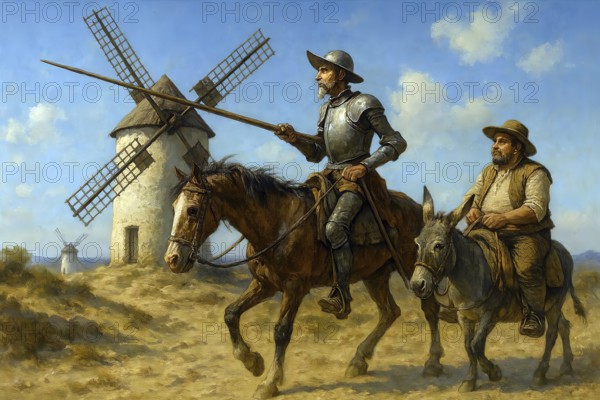 Don Quixote, Don Quixote rides in rusty armor on his rickety horse Rosinante, next to him Sancho