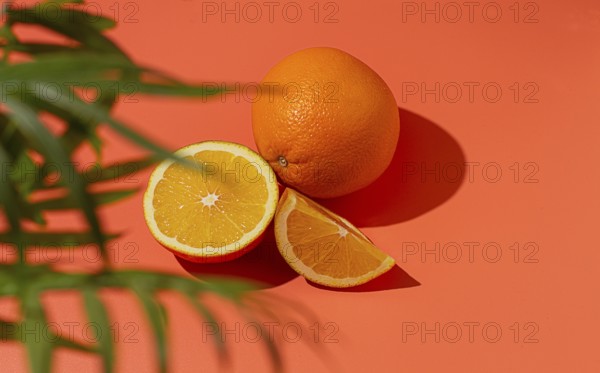 On the coral surface, next to two neatly sliced slices, there is a whole orange. Sunlight casts
