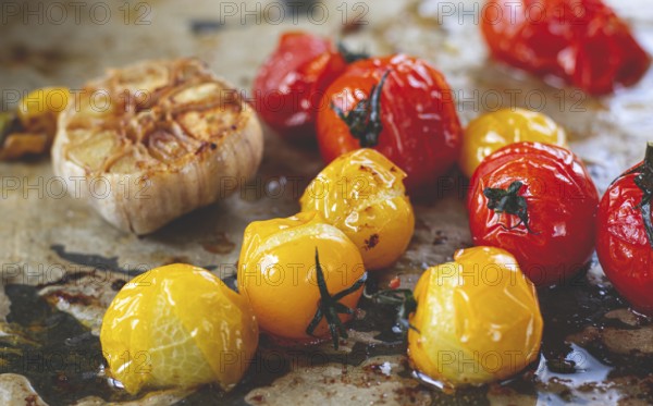 Baked cherry tomatoes, in the oven, on a baking sheet, with olive oil and spices, close-up,