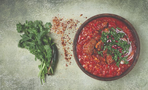 Chashushuli, a traditional Georgian dish, spicy, stewed meat with tomatoes and spices, homemade, no