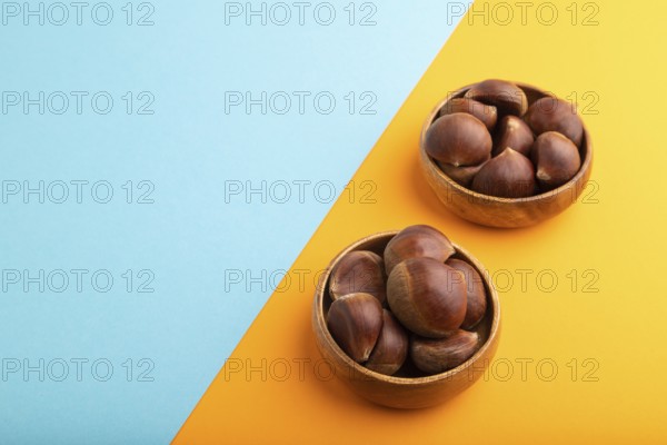 Wooden bowl with raw edible Ð¡hestnuts on blue and orange paper pastel background, side view, copy