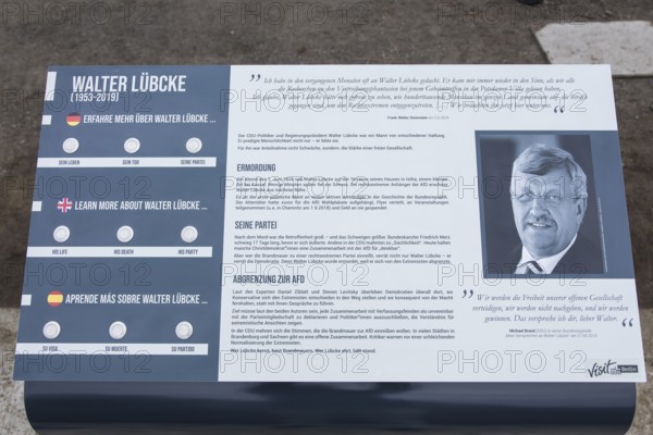 Information board about Walter LÃ¼bcke on Walter LÃ¼bcke Platz in front of the Konrad Adenauer