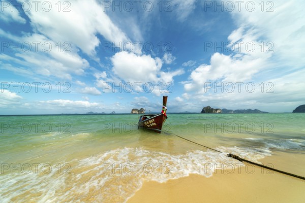 Longtail boat on the beach, Koh Ngai island, Andaman Sea, Satun province, southern Thailand,