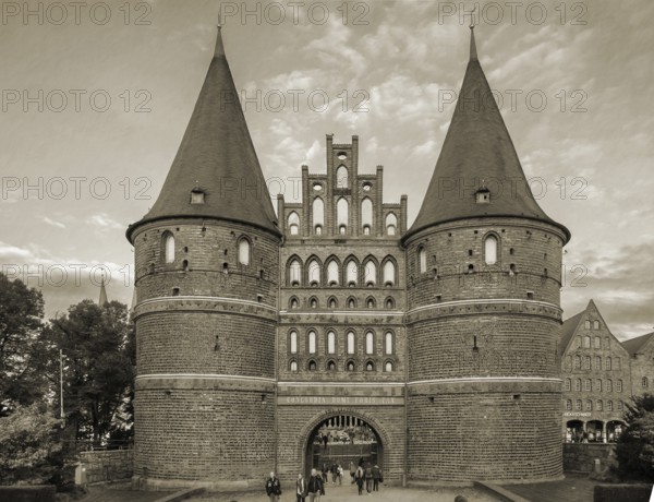 Holstentor, historic city gate from 1478, Sepia, Holstentorplatz, Hanseatic City of LÃ¼beck,