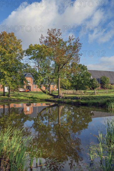 Historic stables with pond at Gut Othenstorf, 1923, Othenstorf, Mecklenburg-Western Pomerania,
