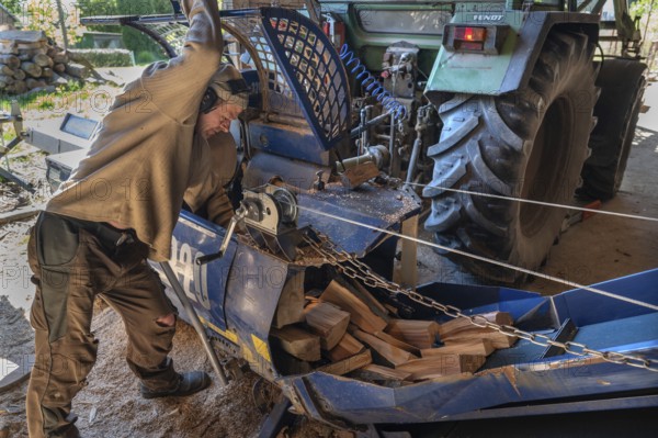 Young man sawing and splitting beech logs with his saw cutting machine, powered by a tractor in a