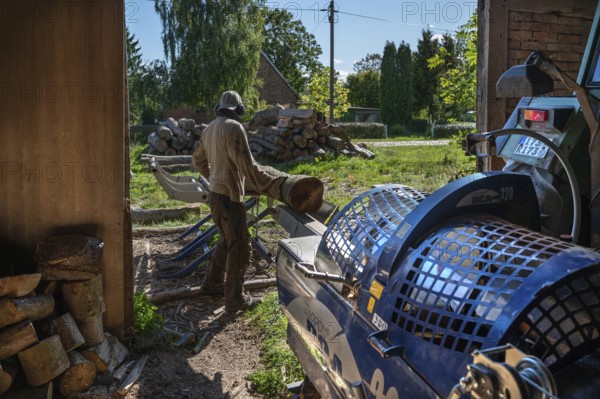Young man sawing and splitting beech logs with his saw cutting machine, powered by a tractor in a