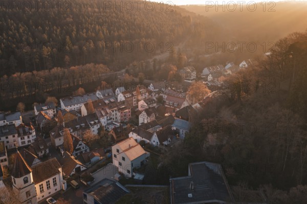 Village captured in warm light on the edge of a forest under a golden sky, Dillweisenstein,