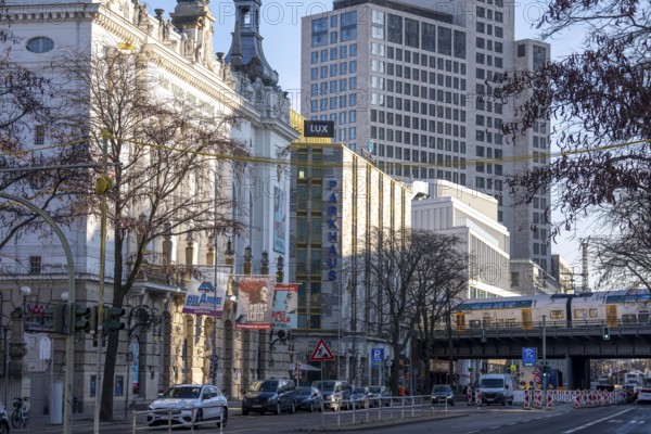 Different types of buildings, houses on KantstraÃŸe in Berlin, Stage Theater des Westens, Motel One