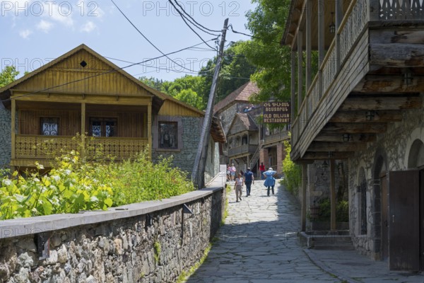 Village street lined with old buildings with wooden verandas flanked by green vegetation under a