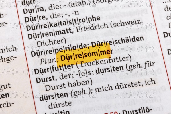 Drought period, drought damage, drought summer. Term from the Duden. Standard work of German