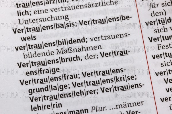 A question of trust, crisis of trust. Term from the Duden. Standard work of German spelling, 29th