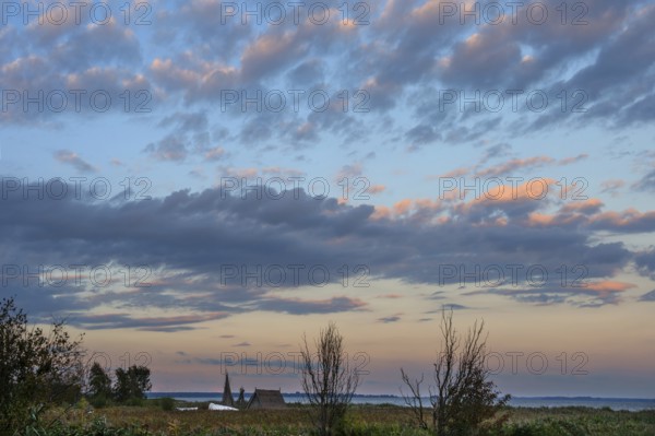 Fishing hut in reeds (Phragmites australis) on the banks of the lagoon, evening cloudy sky,