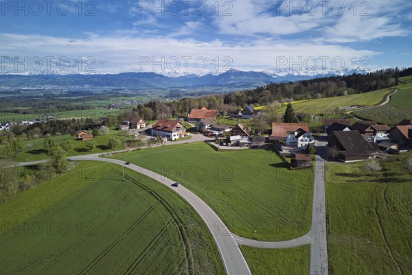 View of the hamlet of Brunnwil, with Rigi and the snowy Alps in the back, Beinwil, Freiamt, Canton,