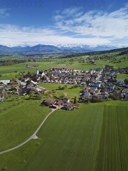 View of the village with Rigi and the snowy Alps in the back, Beinwil, Freiamt, Canton, Aargau,
