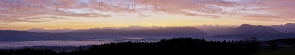 Panorama from Horben with a view of the foggy Reuss Valley, in the background the Alpstein, the