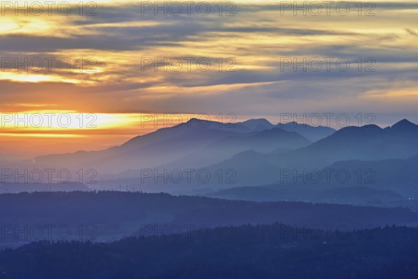 View of the Jura foothills from the Gisliflue, in the light of the setting sun, Talheim, Canton,