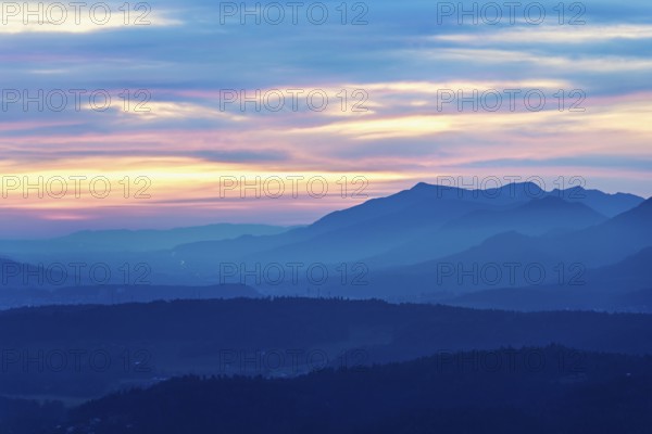 View of the Jura foothills from the Gisliflue, in the light of dusk, Talheim, Canton, Aargau,