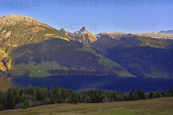 View of Lake WÃ¤gitalersee with Schiberg and Zindelspitz in the background, Canton, Schwyz,