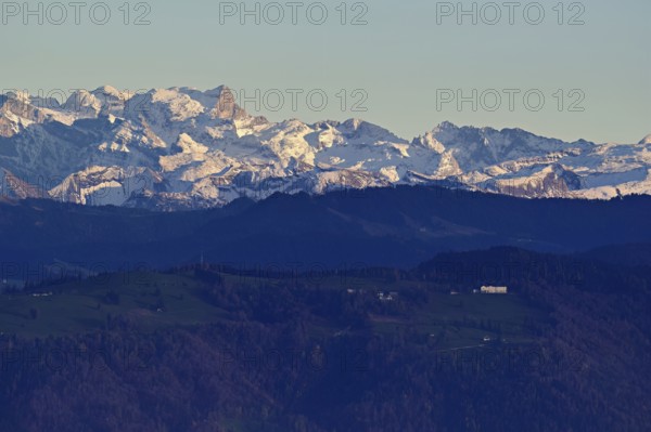 View from Horben of Zugerberg and the snow-covered BÃ¤chlistock, Beinwil-Freiamt, Canton, Aargau,