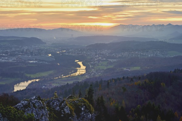 View of the Jura foothills from the Gisliflue, in the light of the setting sun, in the foreground