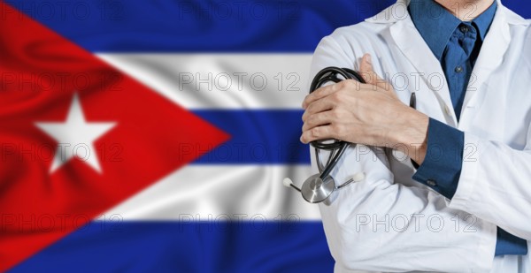 Cuba healthcare concept. Doctor with stethoscope on Cuba flag. Doctor holding stethoscope on Cuban