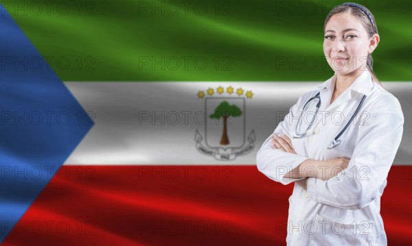 Female doctor on Equatorial Guinea flag. Doctor with crossed arms on Equatorial Guinea flag.