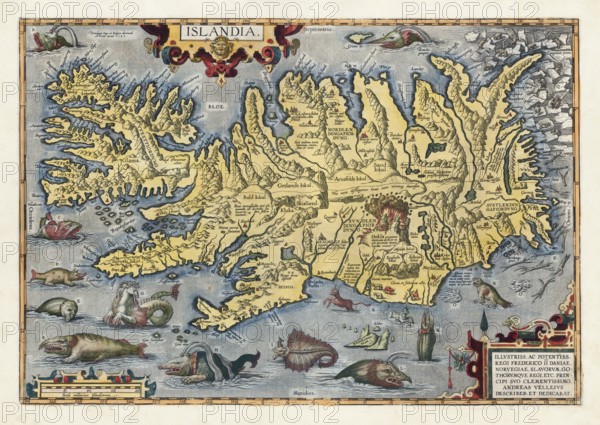 One of the most famous Iceland maps from the Renaissance, Islandia, hand-colored copper engraving