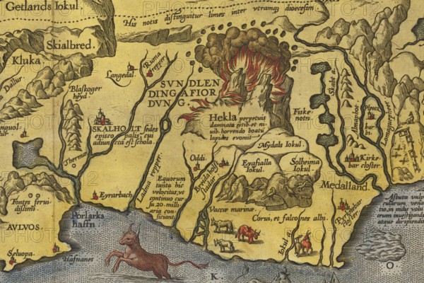 One of the most famous island maps from the Renaissance, Islandia, hand-colored copper engraving by