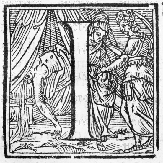 Judith with the Head of Holofernes, woodcut, initial I, from: Ulysses Aldrovandi (1522-1603),