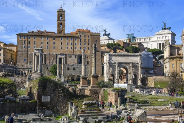 View of Roman Forum on left back ancient administrative building of Rome building from tabularium
