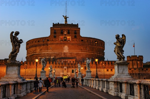 View of blue hour at nightfall in 139 AD as an ancient mausoleum Hadrian Tomb for Emperor Caesar