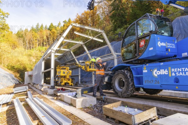 Workers use cranes to build a structure along a rail line in the forest, Hermann Hesse Railway bat