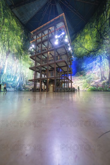 Large wooden structure in an interior surrounded by forest landscape wallpaper under a vaulted