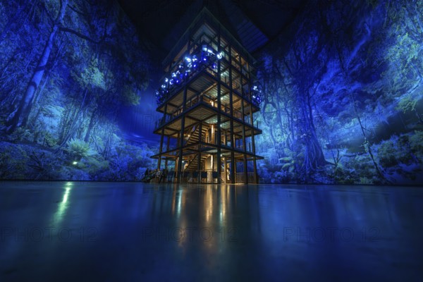 A multi-storey wooden building with blue jungle projection and artificial lighting, Amazonia