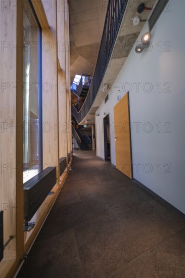Modern interior with wooden paneling and elegant corridor, Amazonia exhibition, Gasometer,