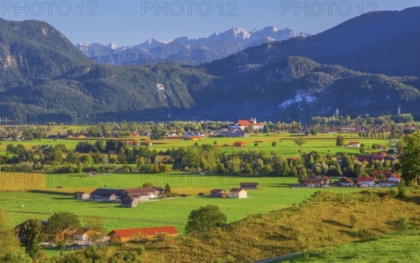 Landscape with view of the monastery village of Schlehdorf in the foothills of the Alps, GroÃŸweil,