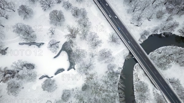 Winter landscape in frost, floodplain landscape, meander, icy, snowy, frost, frozen, river