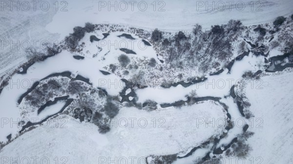 Winter landscape in frost, floodplain landscape, meander, icy, snowy, frost, frozen, river