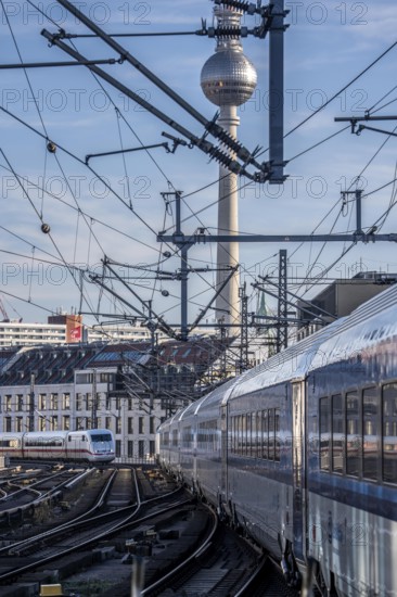 Railway line in Berlin, east of FriedrichstraÃŸe station, looking east, Berlin TV tower, ICE train