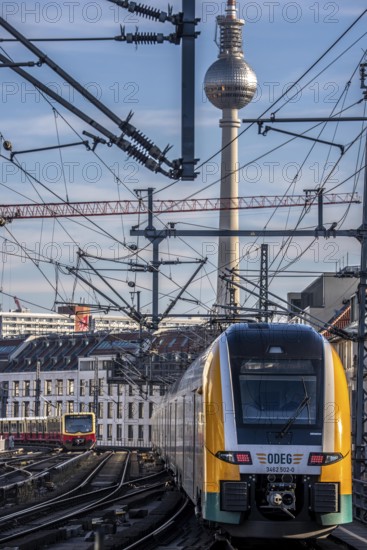 Railway line in Berlin, east of FriedrichstraÃŸe station, looking east, Berlin TV Tower, ODEG Zug