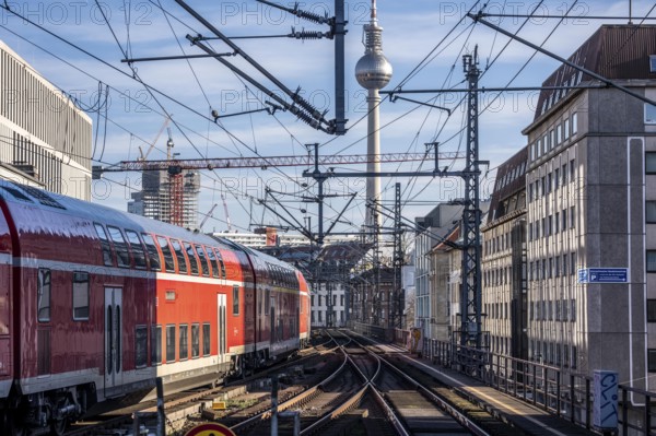 Railway line in Berlin, east of FriedrichstraÃŸe station, looking east, Berlin TV Tower, Regional