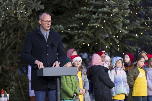 Friedrich Merz (CDU, Federal Chancellor of the Federal Republic of Germany) speaks in front of the