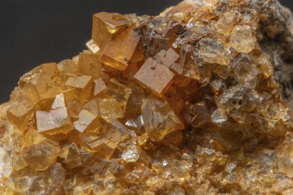 Brilliant crystals in blue and orange colors are visible in this mineral formation. They are